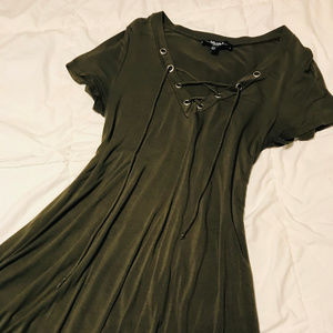 Lulu's Wonderland Olive Green Lace-Up Swing Dress